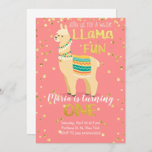 Llama Fun Gold en Pink Birthday Uitnodiging (Voorkant / Achterkant)