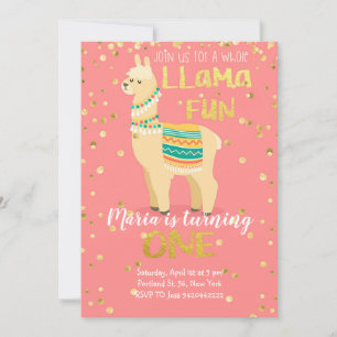 Llama Fun Gold en Pink Birthday Uitnodiging