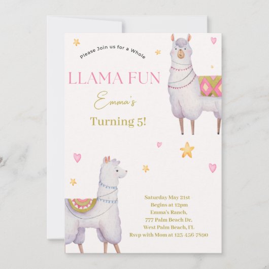 Llama Fun Llama thema verjaardag uitnodiging (Voorkant)