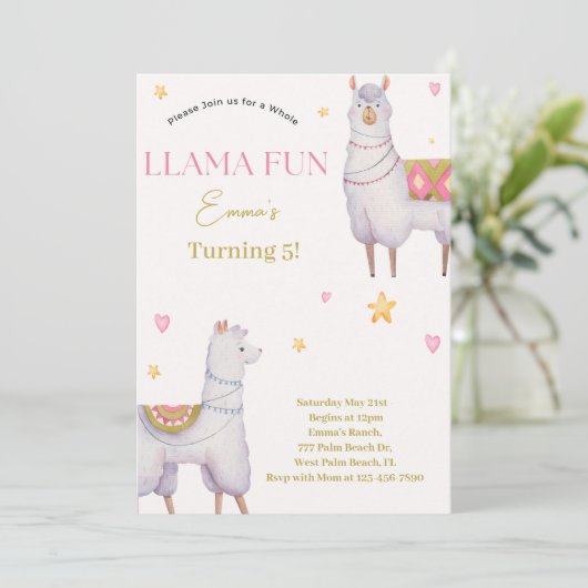 Llama Fun Llama thema verjaardag uitnodiging (Staand voorkant)