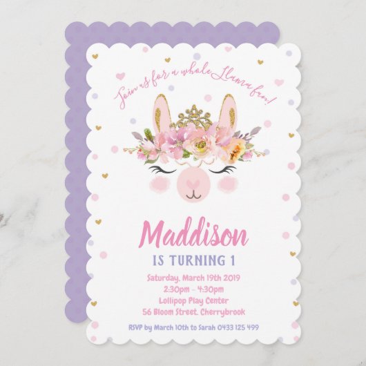 Llama Fun Verjaardag Uitnodigingen Meisjes Alpaca (Voorkant / Achterkant)