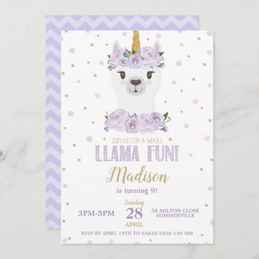 Llama Fun Verjaardagsfeest Paarse Bloemen Meisje Kaart (Voorkant / Achterkant)