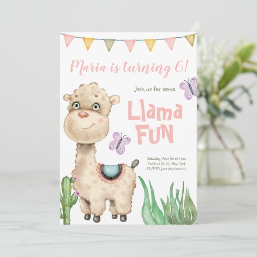 Llama Fun Waterverf Birthday Uitnodiging (Staand voorkant)