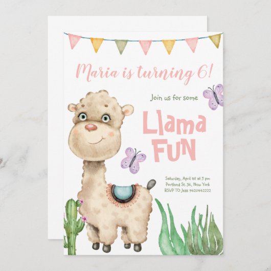 Llama Fun Waterverf Birthday Uitnodiging (Voorkant / Achterkant)