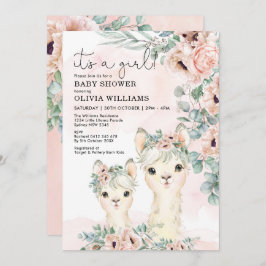 Llama Girl Baby shower Blush Floral Eucalyptus Kaart