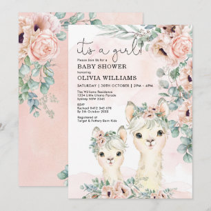 Llama Girl Baby shower Blush Floral Eucalyptus Kaart