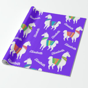 Llama Girls Birthday Custom Name and Color Cadeaupapier