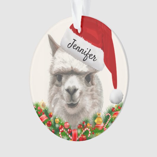 Llama Glimlacht Jouw naam & Jaar Alpaca Kerstmis Ornament (voorkant)
