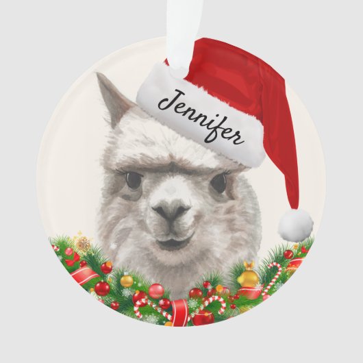 Llama Glimlacht Jouw naam & Jaar Alpaca Kerstmis Ornament (voorkant)