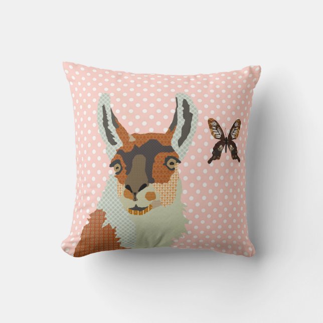Llama & Golden Butterfly Pink Pokadot Mojo Pillow Kussen (Voorkant)