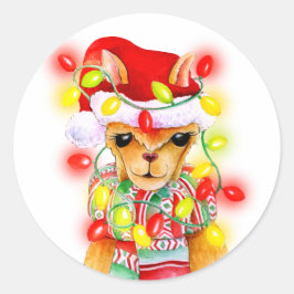 Llama grillige kerstvakantie waterverf kunst ronde sticker
