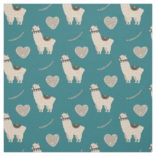 Llama Heart Love Pattern on Blauwgroen Stof (Swatch)