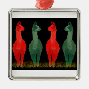 Llama Holiday Kerstmis Rood 4 Lamas Metalen Ornament