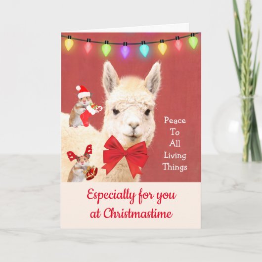 Llama in kersttijd vrede voor iedereen feestdagen kaart (Voorkant)