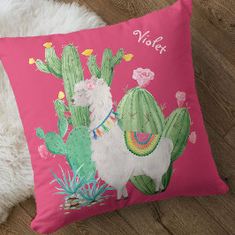 Llama in roze bloeiende cactus Garden gepersonalis Kussen
