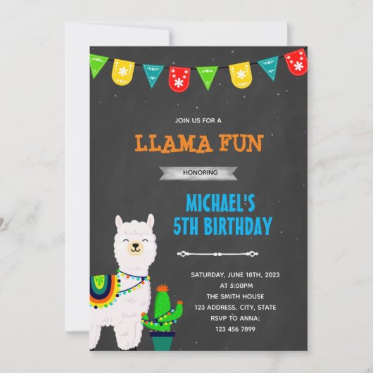 Llama jongen fiesta feest uitnodiging (Voorkant)