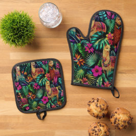 Llama Jungle Dromen Naadloos Oppervlaktepatroon Ovenwant & Pannenlap Set