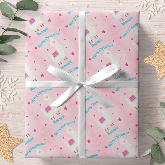 llama Kerst Roze Sneeuw Sterren Persoonlijk Cadeaupapier