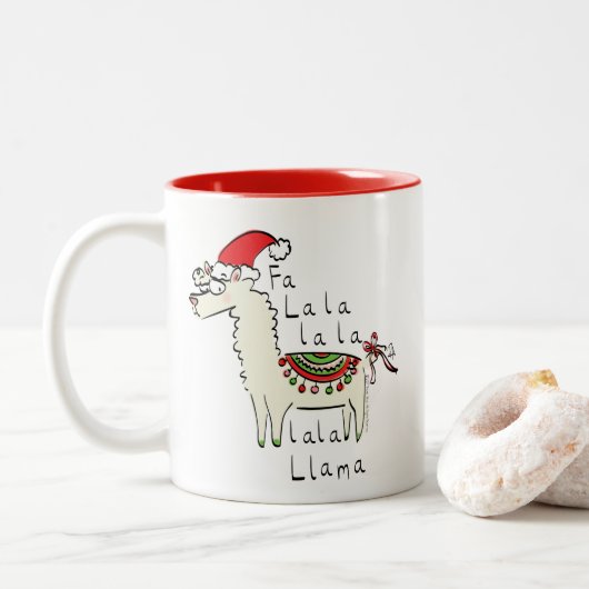 Llama Kerstmis Kinder Cute Funny Tweekleurige Koffiemok (Met donut)
