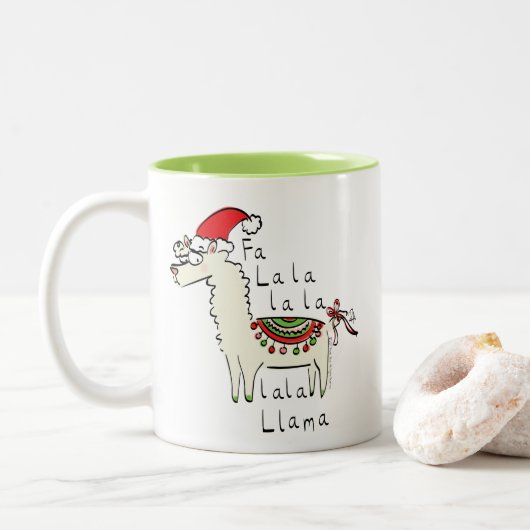 Llama Kerstmis Kinder Cute Funny Tweekleurige Koffiemok (Met donut)