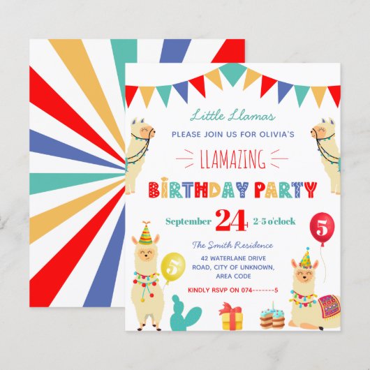 Llama Kids Birthday Party Invitation (Voorkant / Achterkant)