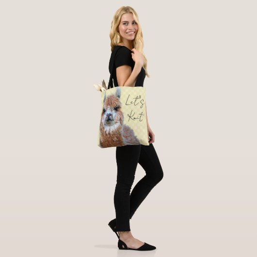 Llama Lets Knit Tote Bag (Op model)