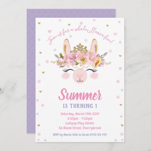 Llama Leuk Meisje 1e Eerste Verjaardagsfeest Alpac Kaart (Voorkant / Achterkant)