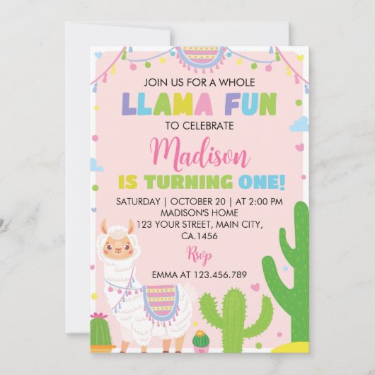 Llama leuk meisje 1e verjaardag uitnodiging (Voorkant)
