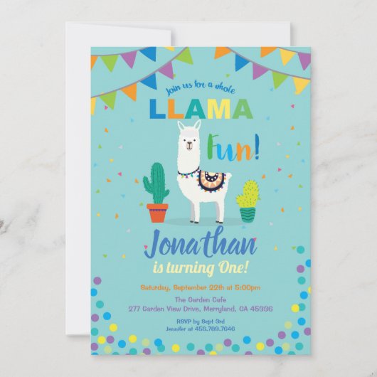 Llama leuke eerste verjaardag uitnodiging. Turkooi Kaart (Voorkant)