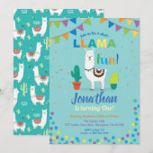 Llama leuke eerste verjaardag uitnodiging. Turkooi Kaart (Voorkant / Achterkant)