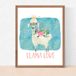 Llama Liefde Kroon Waterverf Schattig Kawaii Schat Poster
