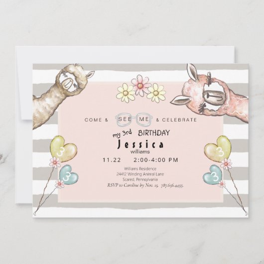 Llama Llama Girl's Birthday Party Uitnodiging (Voorkant)