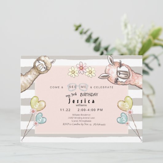 Llama Llama Girl's Birthday Party Uitnodiging (Staand voorkant)