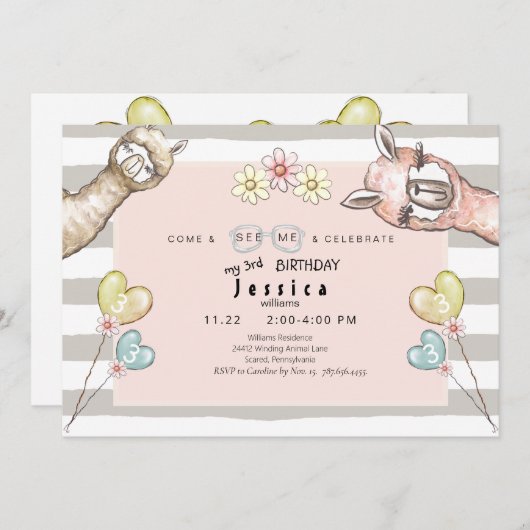 Llama Llama Girl's Birthday Party Uitnodiging (Voorkant / Achterkant)