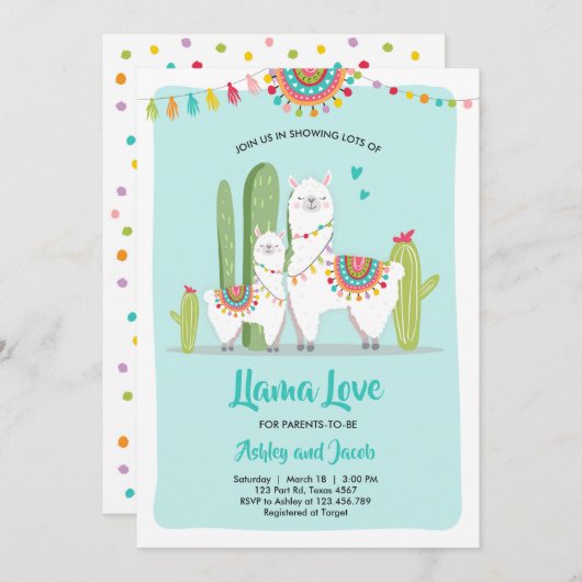 Llama Love Fiesta Boy Blue Baby shower Uitnodiging (Voorkant / Achterkant)