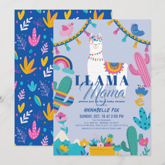 Llama Mama Alpaca Cactus Blue Boy Baby shower Kaart (Voorkant / Achterkant)