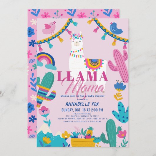 Llama Mama Alpaca Cactus Meisje Roze Baby shower Kaart (Voorkant / Achterkant)
