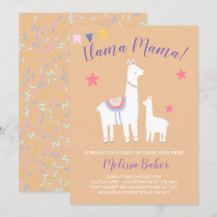 Llama Mama Baby Llama Peach Paarse Baby shower Kaart