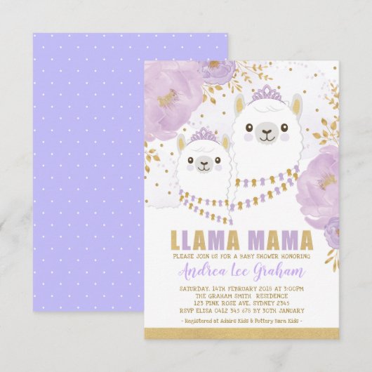 Llama Mama Baby shower / Paars Gold Floral Fiesta Kaart (Voorkant / Achterkant)
