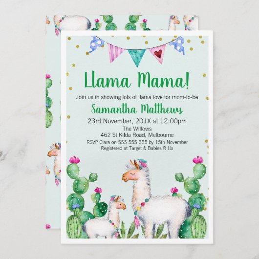 Llama Mama Baby shower Uitnodiging (Voorkant / Achterkant)