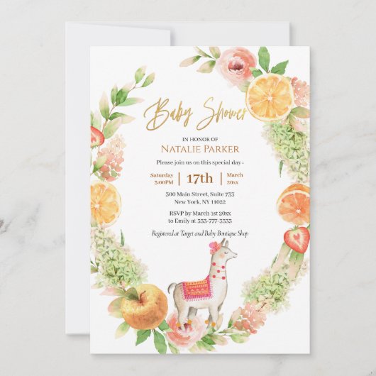 Llama Mama Citrus Floral Greenery Baby shower Kaart (Voorkant)
