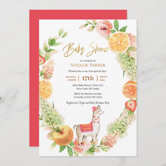 Llama Mama Citrus Floral Greenery Baby shower Kaart (Voorkant / Achterkant)