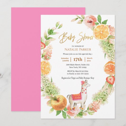 Llama Mama Citrus Floral Greenery Baby shower Kaart (Voorkant / Achterkant)