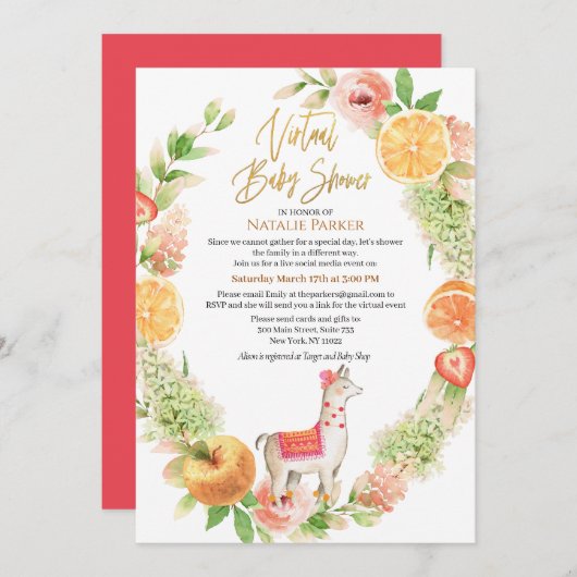Llama Mama Floral Greenery Virtual Baby shower Kaart (Voorkant / Achterkant)