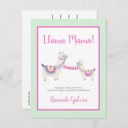 Llama Mama Hot Pink Green Drive by Baby shower Uitnodiging Briefkaart (Voorkant / Achterkant)