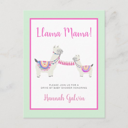 Llama Mama Hot Pink Green Drive by Baby shower Uitnodiging Briefkaart (Voorkant)