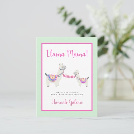 Llama Mama Hot Pink Green Drive by Baby shower Uitnodiging Briefkaart (Staand voorkant)