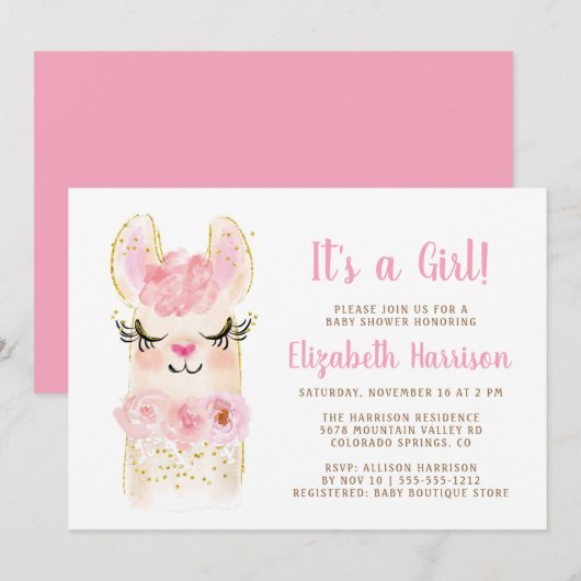 Llama Mama Pink Baby Girl Shower Kaart (Voorkant / Achterkant)