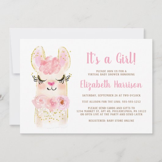 Llama Mama Pink Baby Girl Virtual Shower Invitatio Kaart (Voorkant)