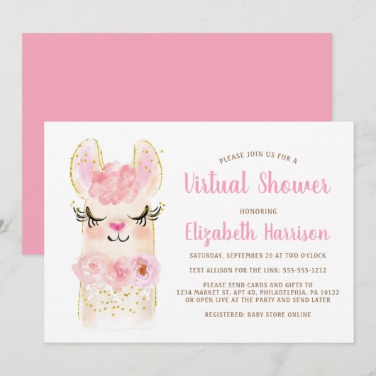 Llama Mama Pink Baby Virtual Shower Kaart (Voorkant / Achterkant)